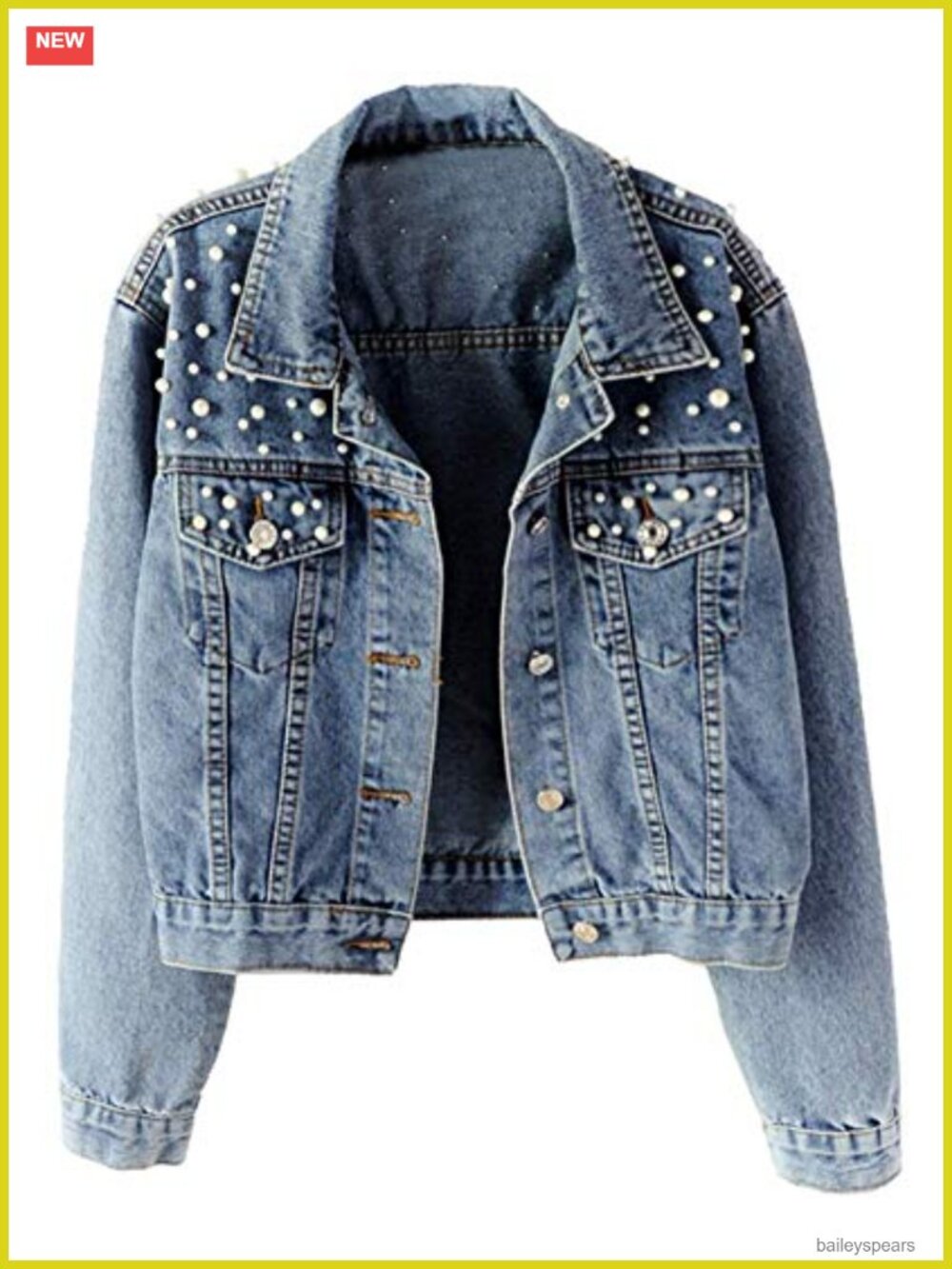 Oversized Denim Jacket Pearl Beading Embroidered Cotton Blend